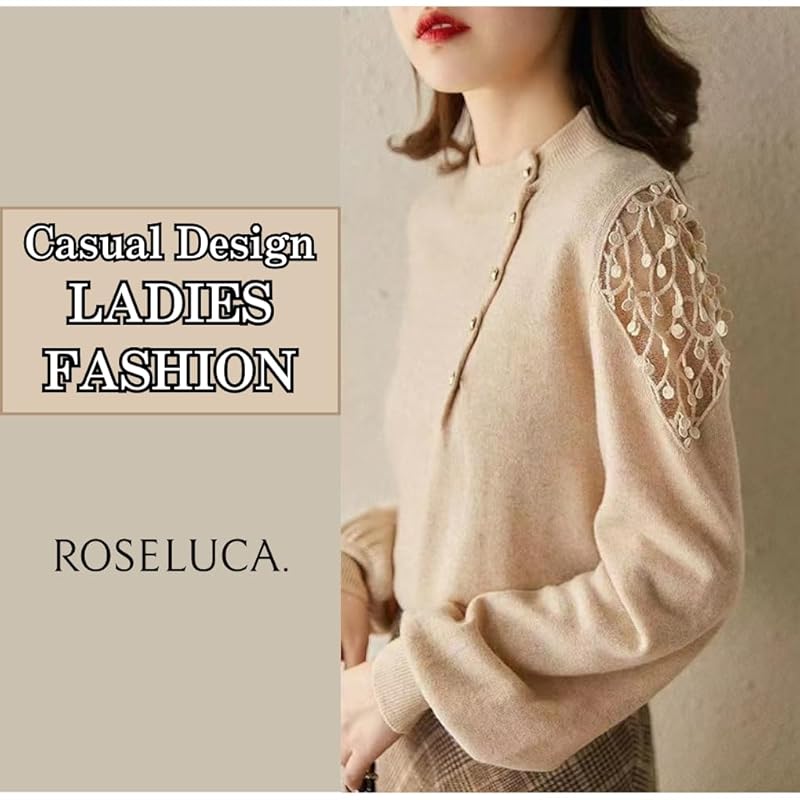 [ROSELUCA.] [Add elegance] sweater ladies knit long sleeve round neck lace openwork sheer veil sleeves spring elegant girly No collar cute feminine