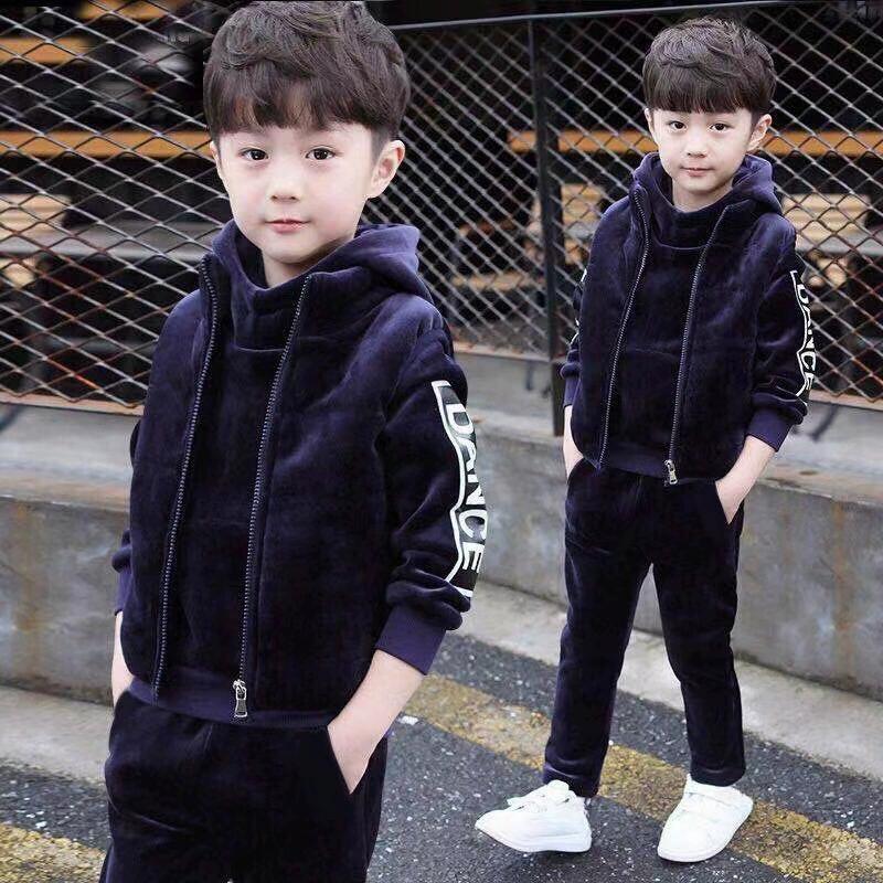 Boys' Suit with Plush and Thickened Autumn and Winter Clothing, Mid Size Children's Clothing, Boys' Hoodie Three Piece Set, Cool and Trendy