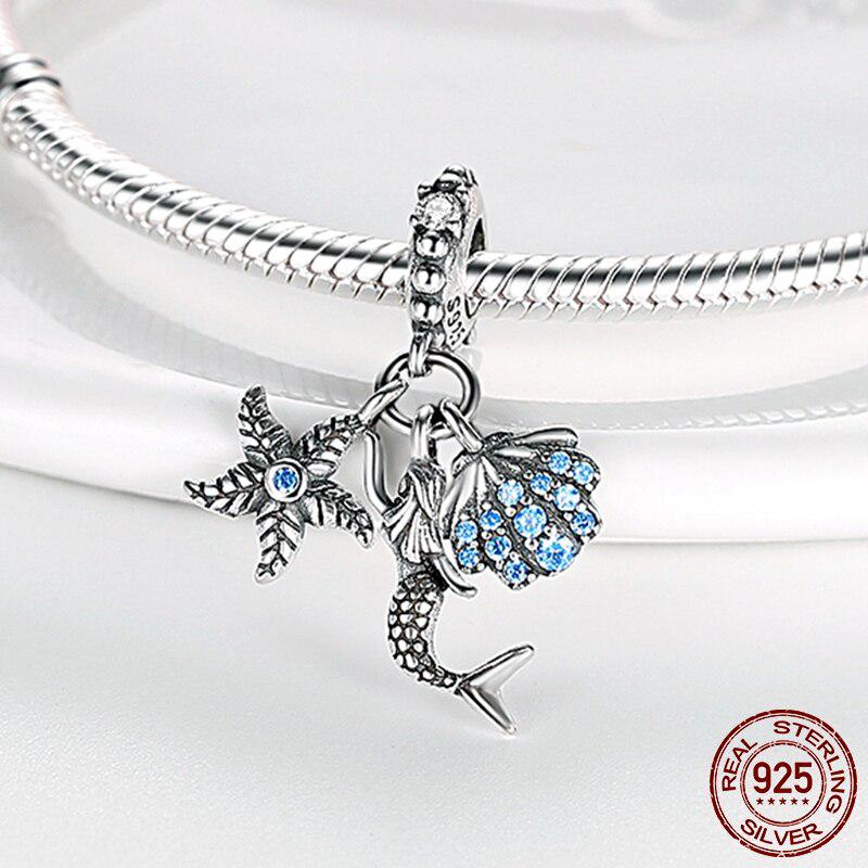 Mermaid Dangle Charm 925 Sterling Silver Blue Enamel Mermaid Tail Starfish Charm Beads Fit Fashion Bracelet Silver Beads Jewelry