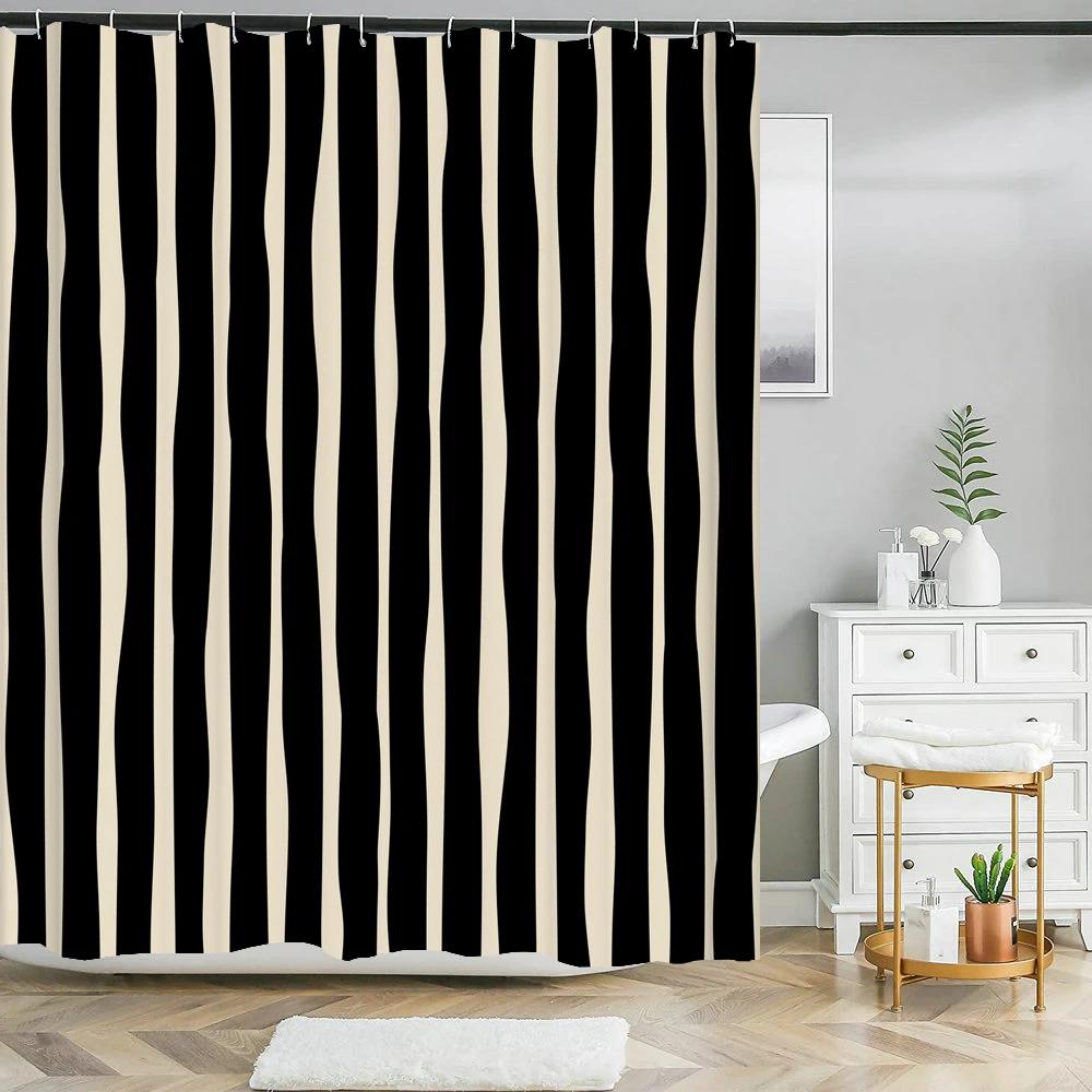 Black White Stripes Pattern Texture Shower Curtains Geometry Bathroom Waterproof Polyester Bath Curtain Home Decor With Hooks