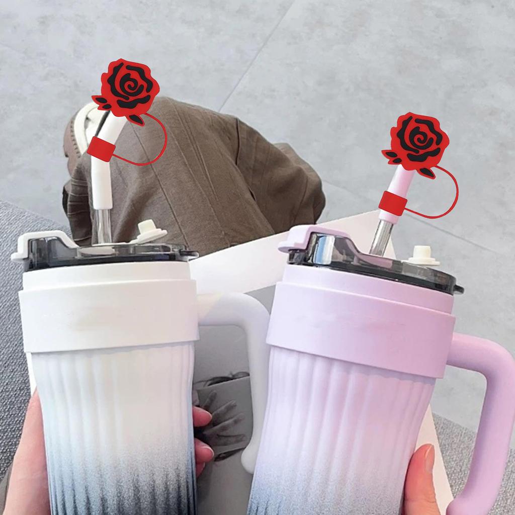 Valentine's Day Straw Cover Cap, 10mm Silicone Straw Tip Covers, Red Rose Cup Accesories For 30 & 40oz 3Pcs