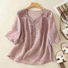 Women Embroidered Linen Blend Blouse V Neck Three Quarter Sleeve Casual Shirt