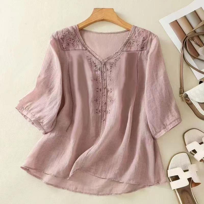 Women Embroidered Linen Blend Blouse V Neck Three Quarter Sleeve Casual Shirt