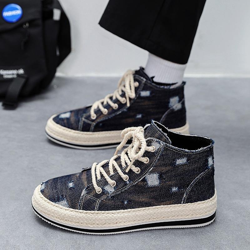 

Модные мужские парусиновые кеды с высоким верхом на шнуровке, классическая повседневная обувь для ходьбы, лето 2025, новый молодежный стиль, обувь для крикета 44 темно-синий