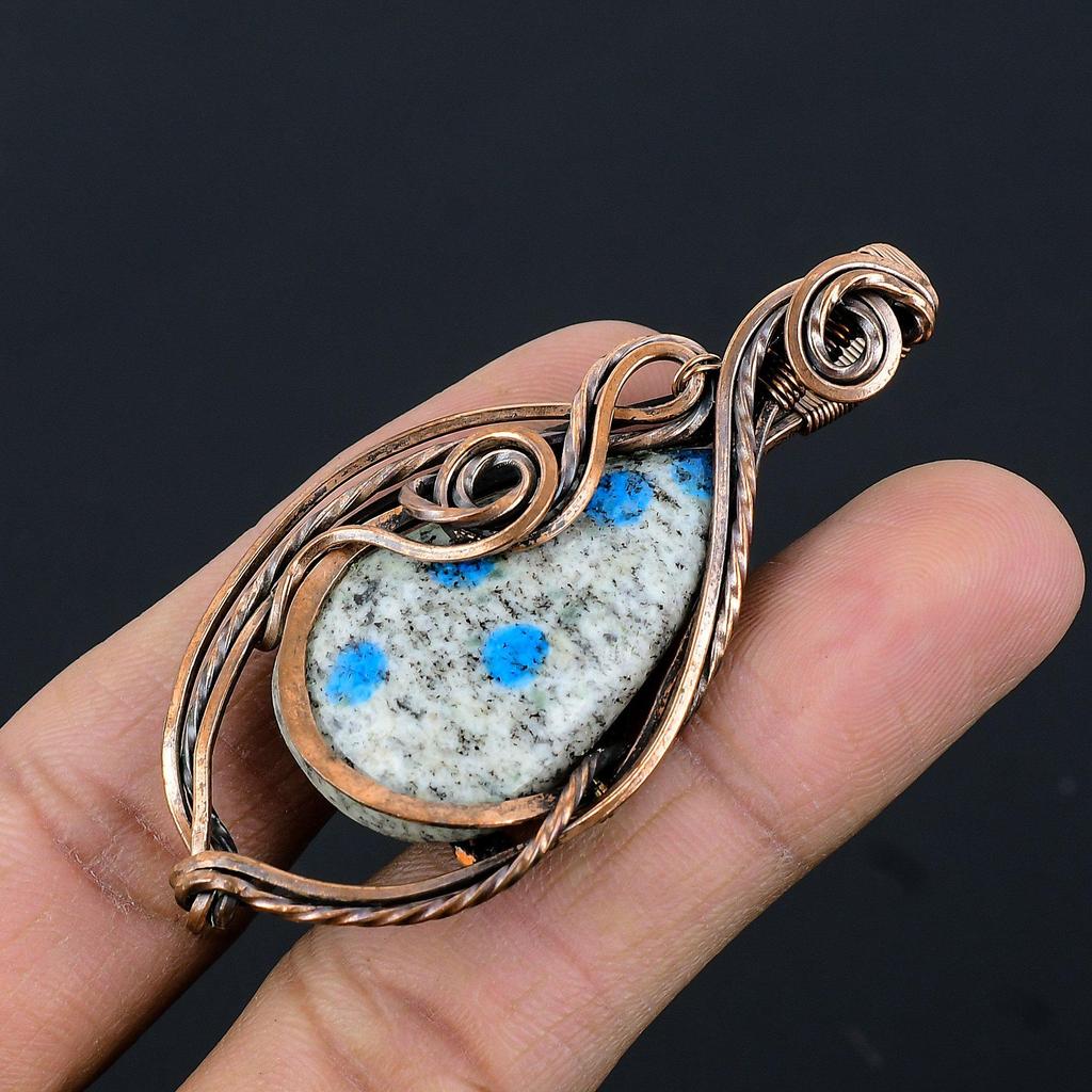K2 Azurite Pendant Gemstone Jewelry, 999 Copper Wire Wrapped Pendant, Handmade Jewelry Birthstone Pendant, Gift For Him