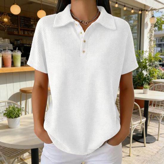Women Tops Lapel Short Sleeve Buttons Half Placket Shirt Tops Pure Color Waffle Texture Regular Fit Casual Shirt Home Dates Versatile Wear