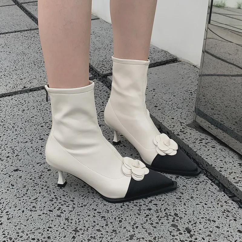2024 Autumn/Winter French Floral Stiletto Ankle Boots - Women's Pointed Toe Elastic High Heel