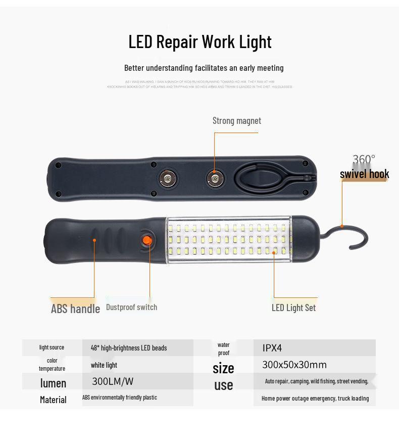 Rechargeable Strong Magnetic LED Work Light: Multi-functional for Auto Repair, Inspection, Outdoor, Camping, and Emergency Use.