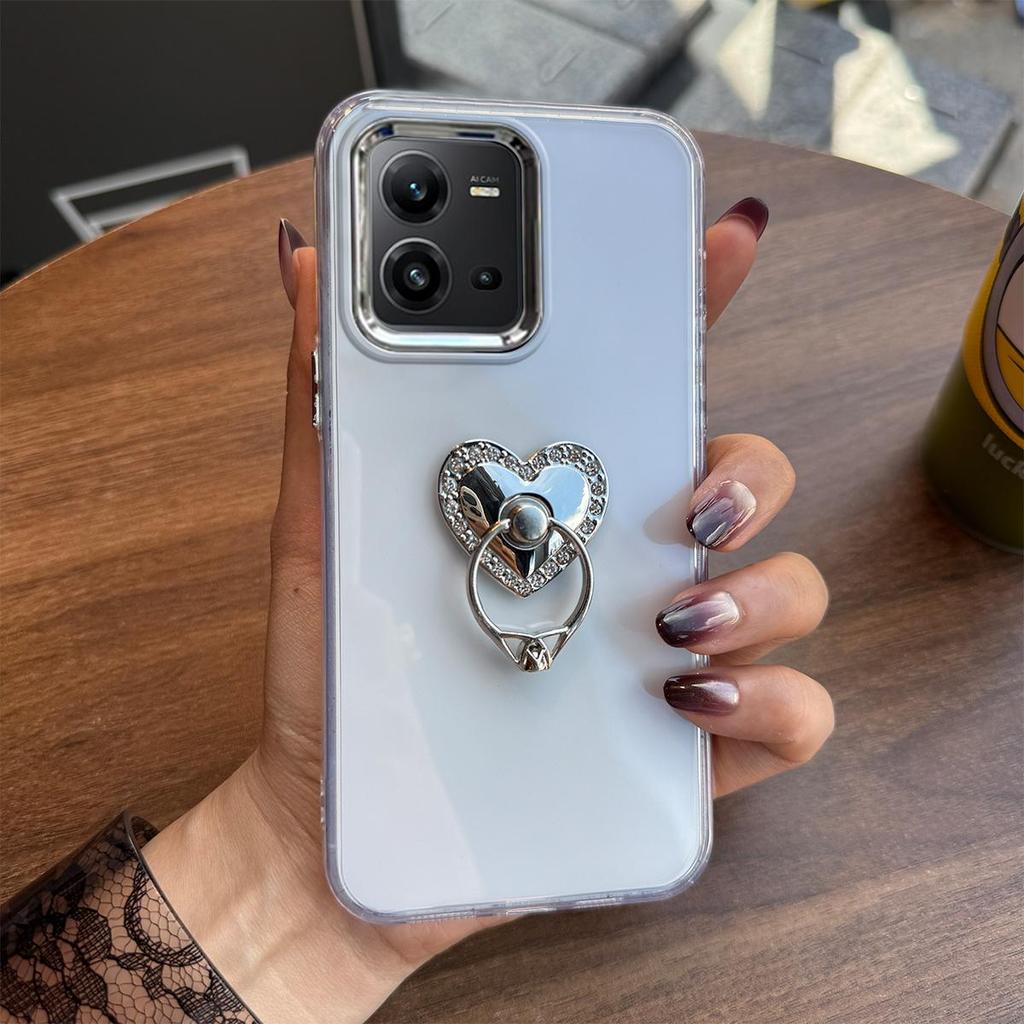 Luxury Bling Rhinestone Heart Ring Bracket Clear Phone Case for Vivo V23e 4G/5G Stand Cover