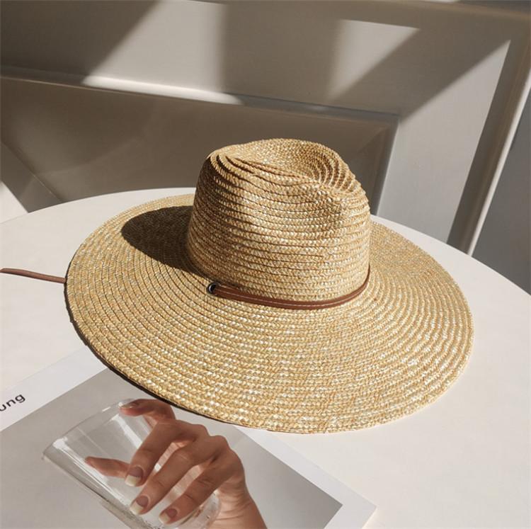

202601-2508516 ins chic Britain summer handmade straw pu belt wind brim beach lady fedoras cap men women panama jazz hat One Size бежевий