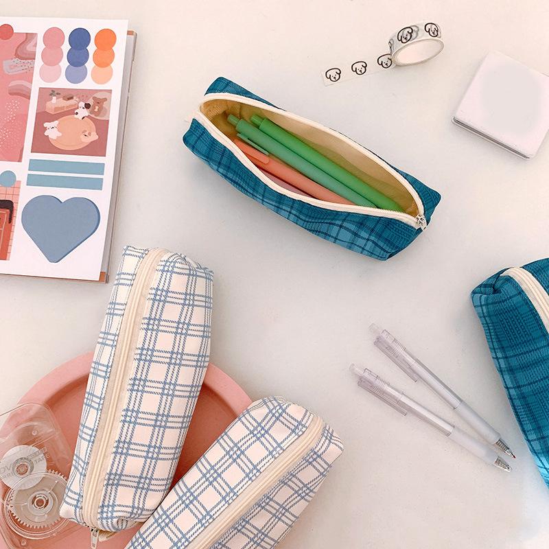 1pcs Student Zipper Pencil Bags Large Capacity Canvas Simplicity Checkered School Stationery Boxes Pencil Case Stationery Bag