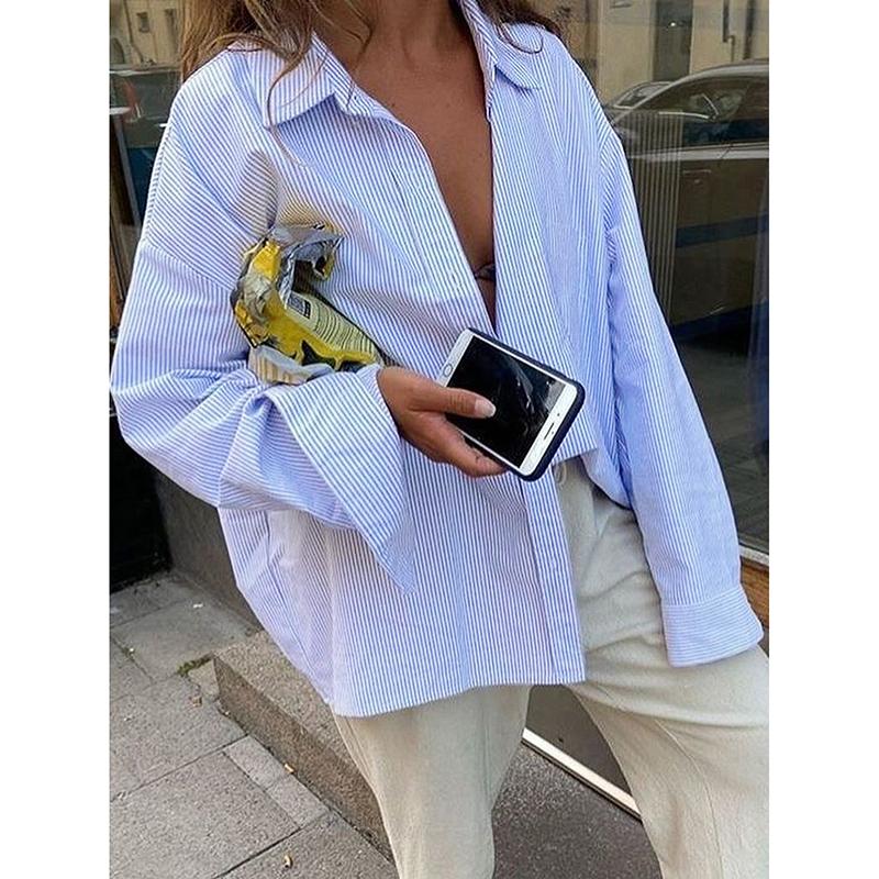 Spring Women Shirt Striped Shirts Long Sleeves Turn Down Collar Single Breasted Slight Strech Loose Blouses