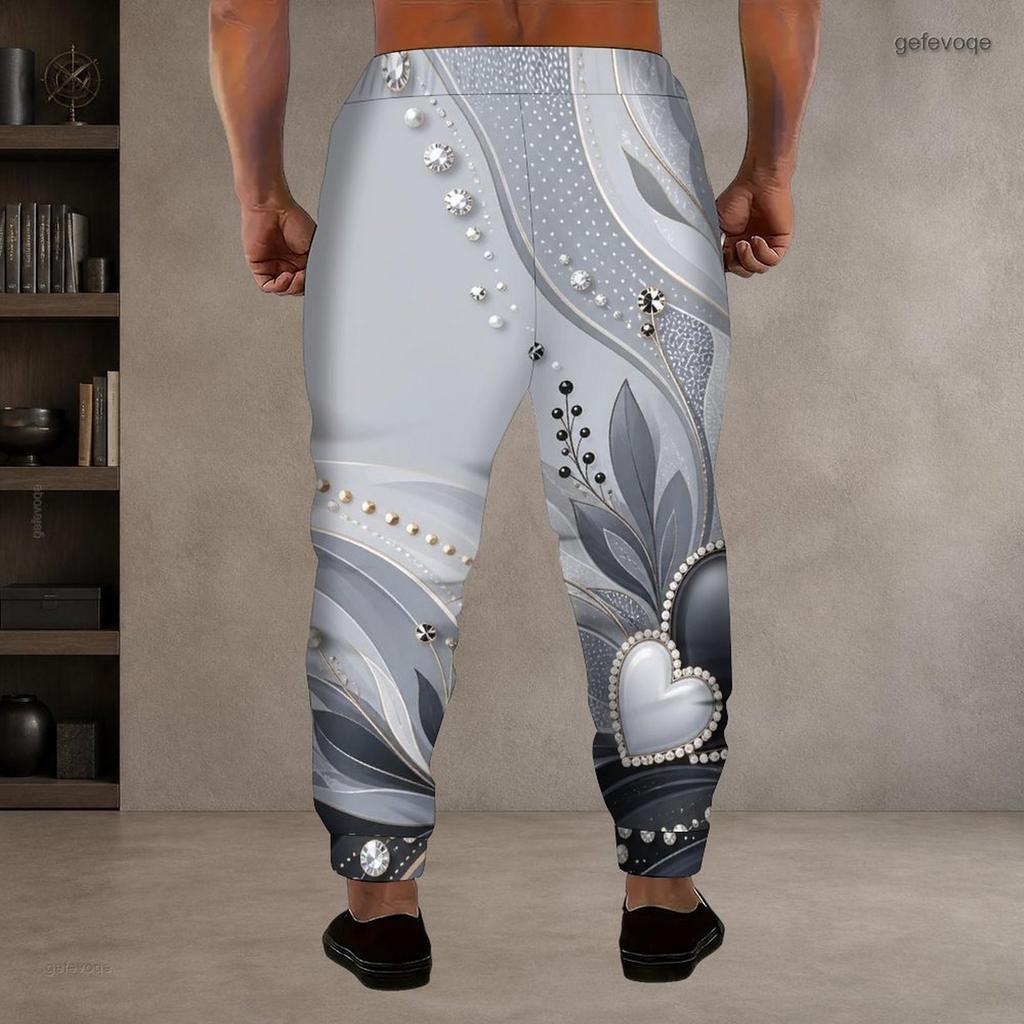 Men Plus Size Drawstring Waist Printed Teal Green Gem Heart Pattern Jogger Pants Cuffed Ankle With Side Pockets Long Trousers