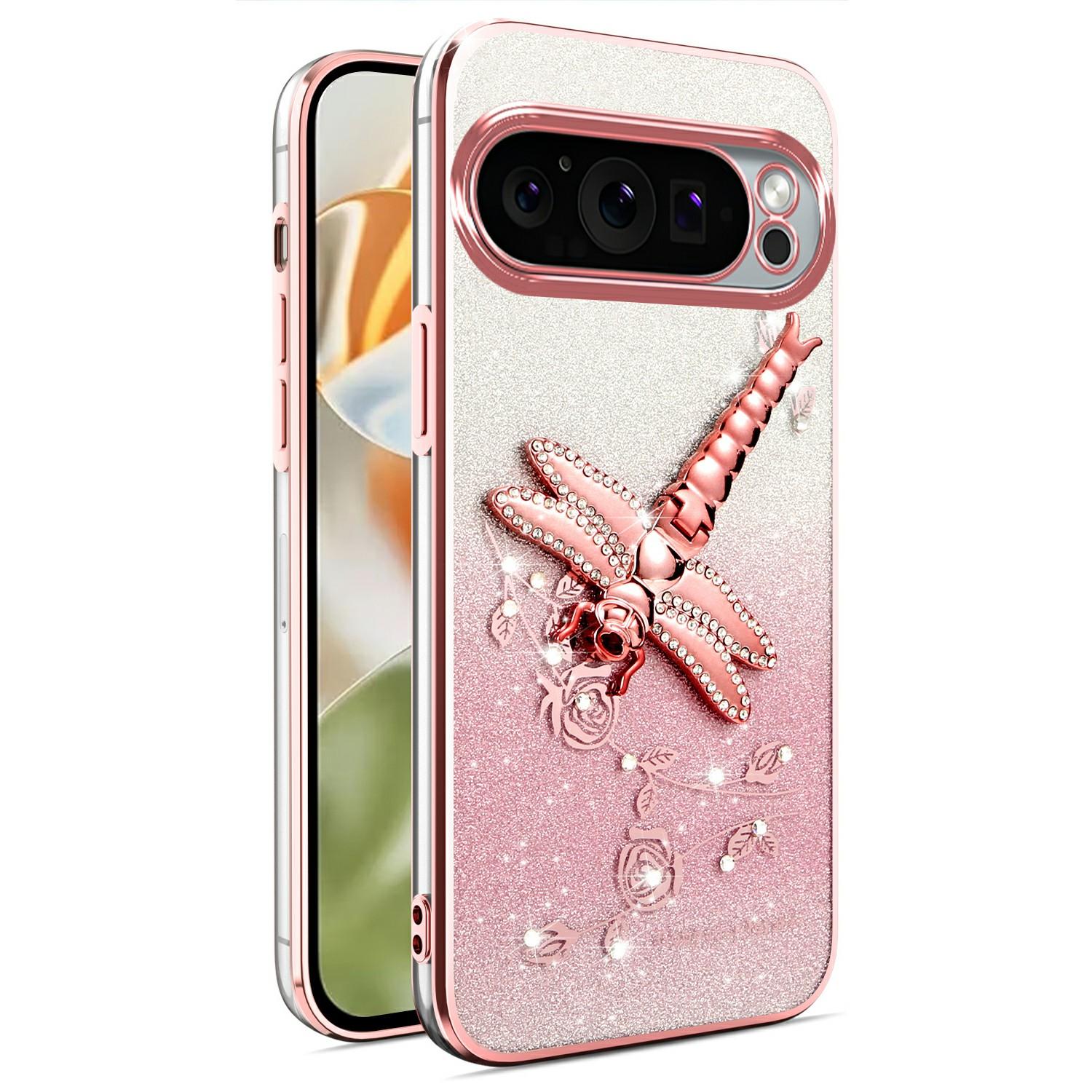

KADEM For Google Pixel 9 Pro XL Case Dragonfly Kickstand TPU Flowers Glitter Phone Cover A