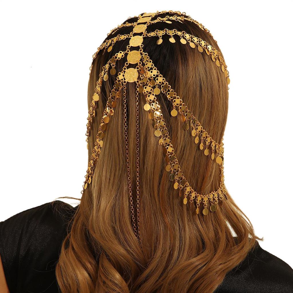 Middle Style Eastern Golden Headpiece With Tassels And Coin For Travel Holiday