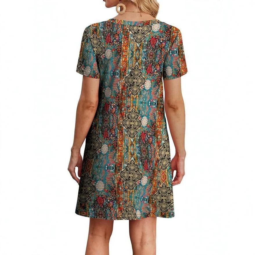 2026 New Women's Crew Neck Short Sleeve Long Dress Bohemian Print Dress Women's Early Summer