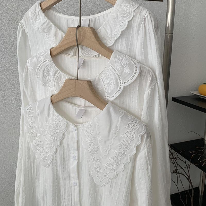 Spring Autumn Polo-neck Sweet Single Breasted Shirt Women Long Sleeve Casual White Cotton Blouse Cardigan Top