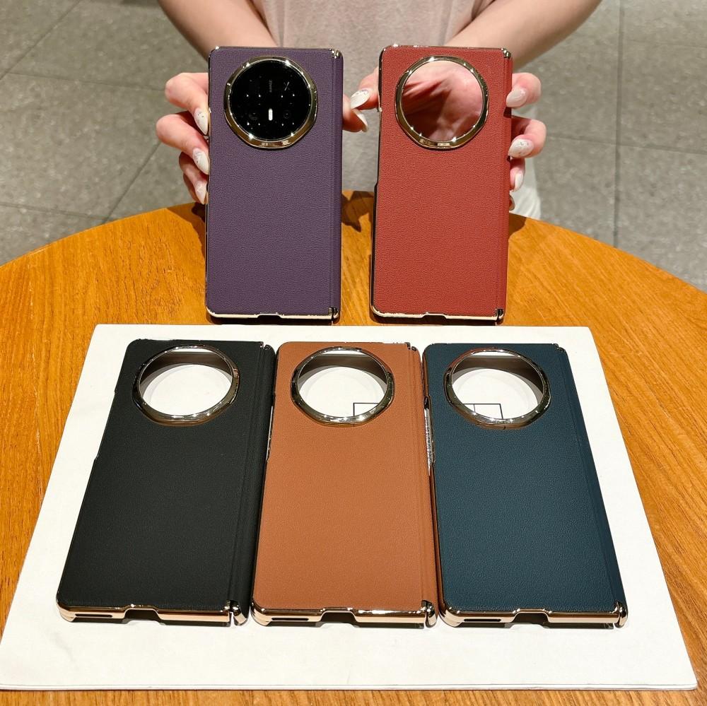 Für Honor Magic V6 Handyhülle Scharnier PC-Schale Verchromter Rahmen Stoßfest Veganes Leder Schutz-Rückseite