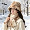 Cute Deer Print Hat Women Spotted Hat, Faux Fur Bucket Winter Scarf, Travel Warm Soft Cozy Furry Fisherman for Girls, Autumn Accessory Plush Cap
