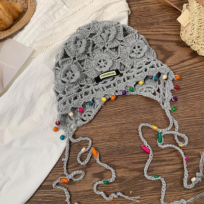 Bohemian Floral Tassel Woven Head Wrap Hat Women's Retro Hollow Ethnic Style Slouchy Hat Hand-Knit Cap