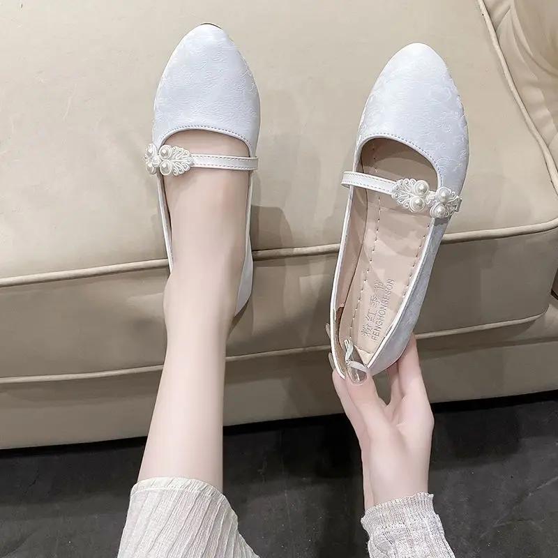 Shoes for Women White One-line Buckle Low Heel Elegant Woman Flats Mary Jane Cheap Clearance Lastest Price Casual On Offer Y2k