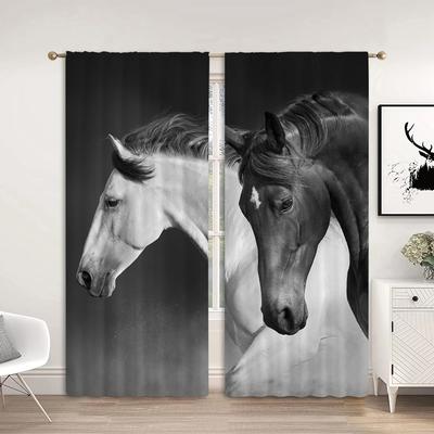 Cortinas de animais de cavalo preto 3D 2 peças Tratamento de janela para sala de estar Quarto Escritório Cozinha Decoração de casa Decoração de quarto Estética