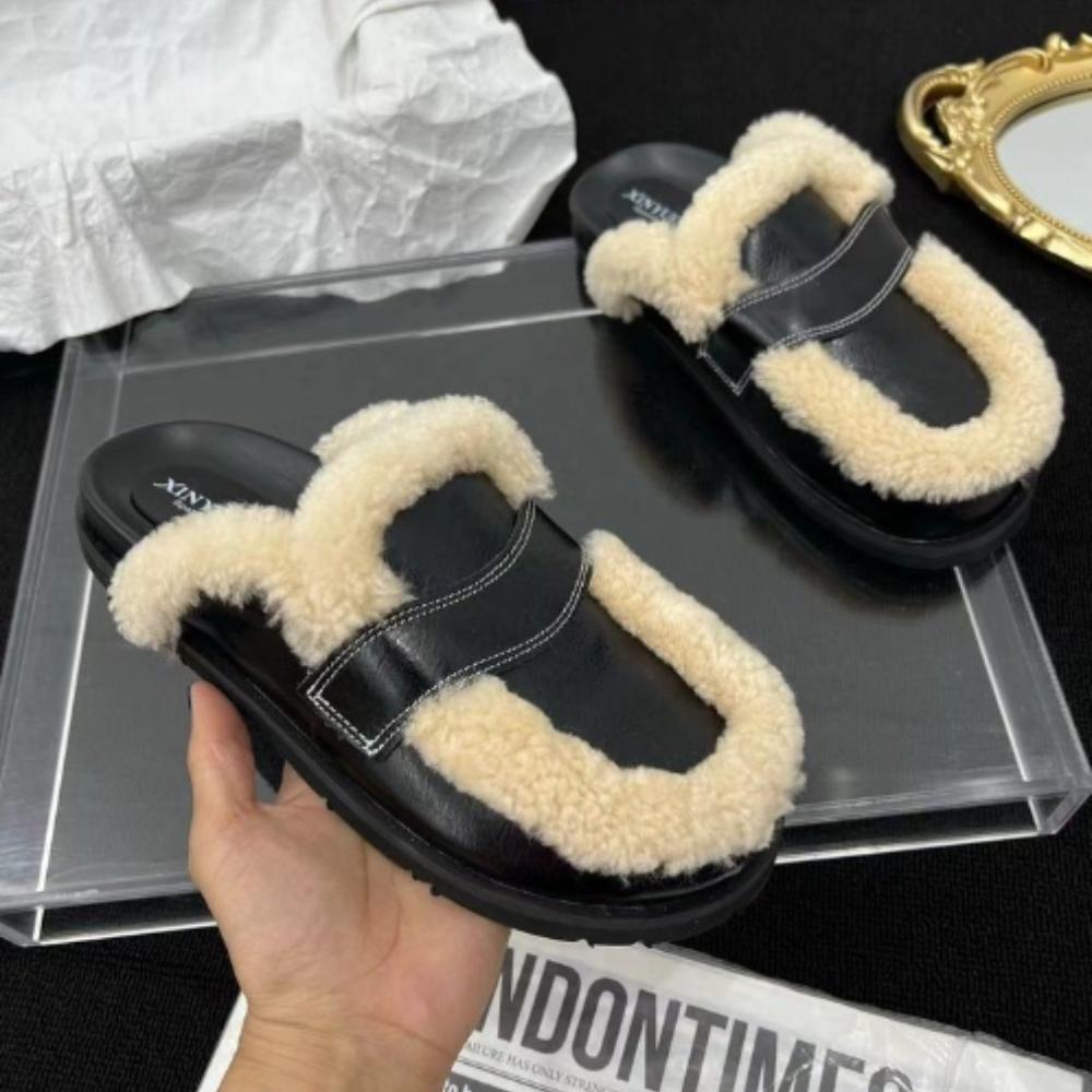 Fashion Flats Platform Cotton Slippers Women Fur Mules Shoes 2024 Winter New Plush Warm Slides Trend Soft Leather Cozy Casual Shoes