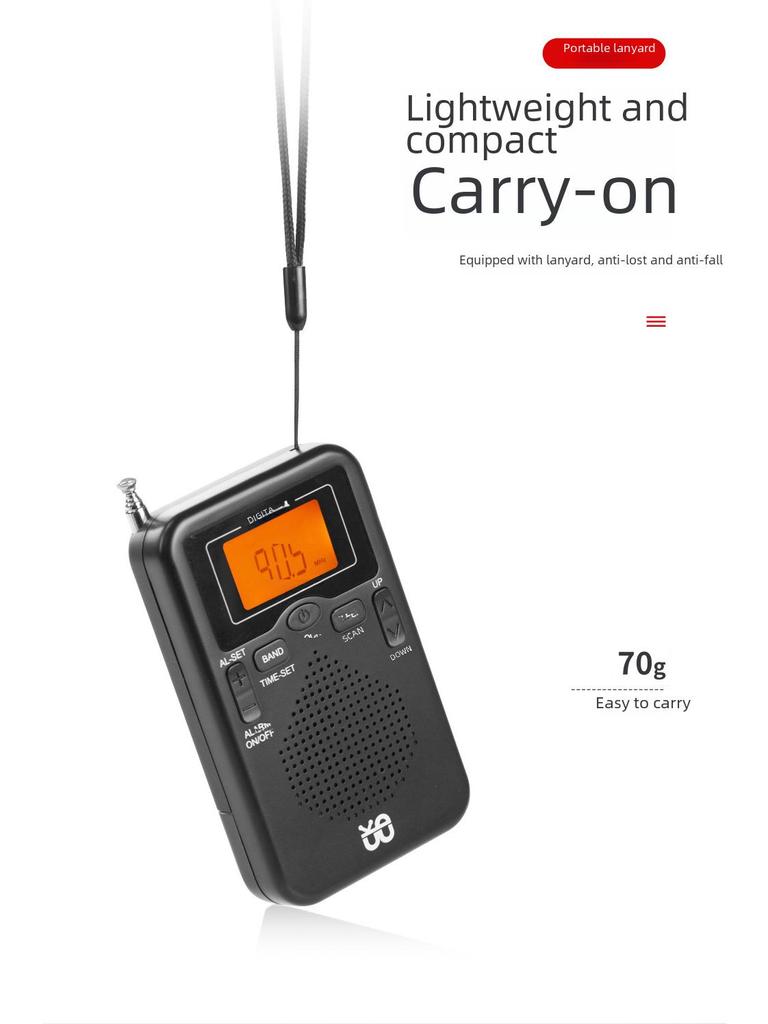 Radio stereo tascabile FM/AM con orologio W-206: Design quadrato portatile ed elegante