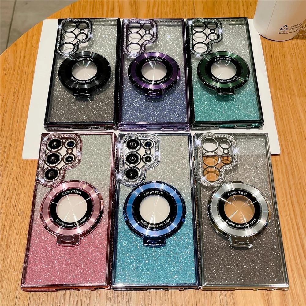 Plating Gradient Glitter Diamond Stand Holder Magnetic Case For Samsung S24 S23 Ultra S22 Plus/iphone 15 14 13 12 11 Pro Max Magsafe Protection Cover