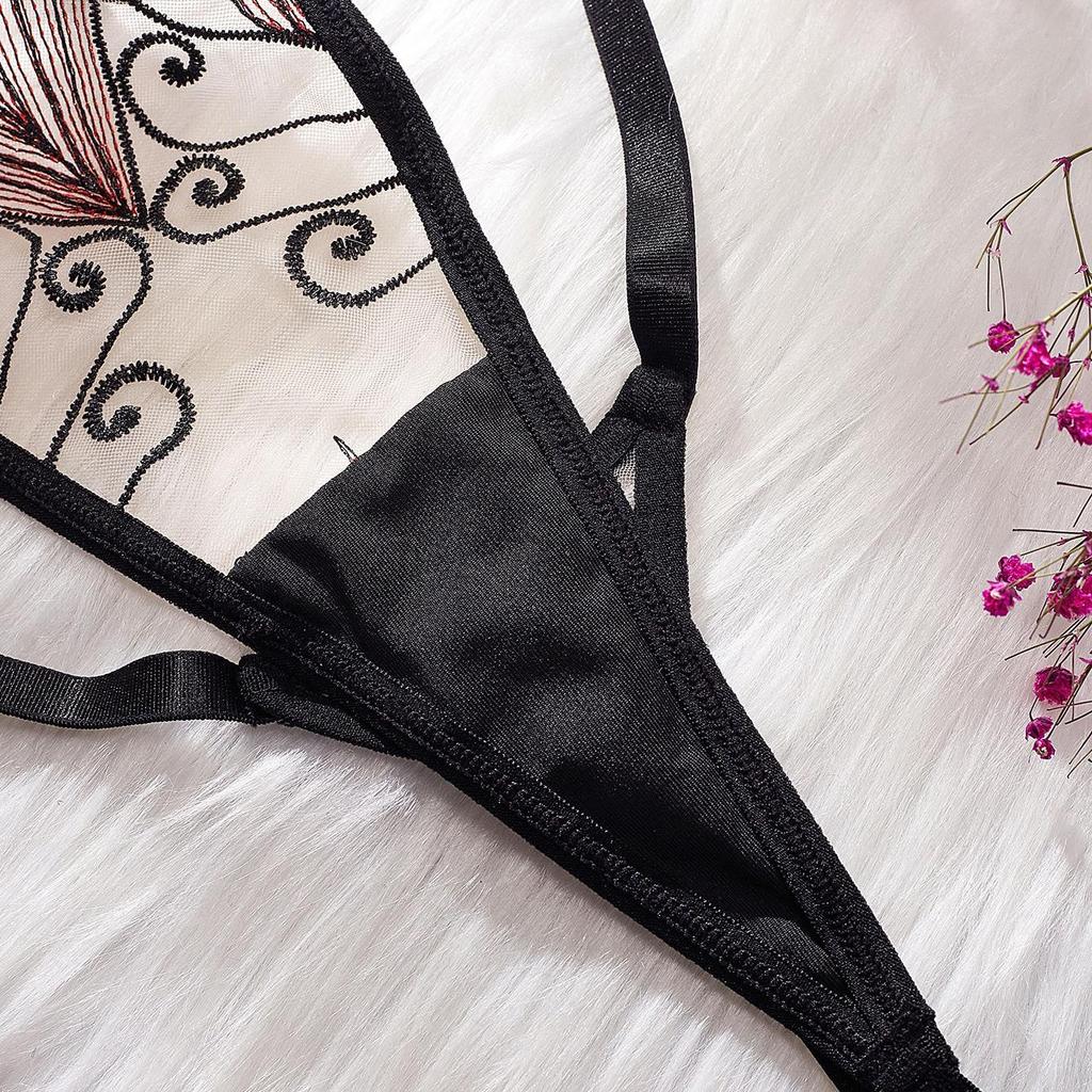 Women's Sexy Lingerie Set Ginkgo Leaf Embroidered Mesh Lingerie Low-cut Sheer Bra Set