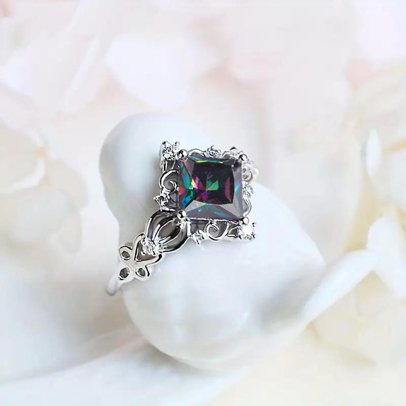 Cao Shi Aquamarine Simulated Gemstone Ring with Rhomboid Zircon Embellishment - Elegant Princess Design