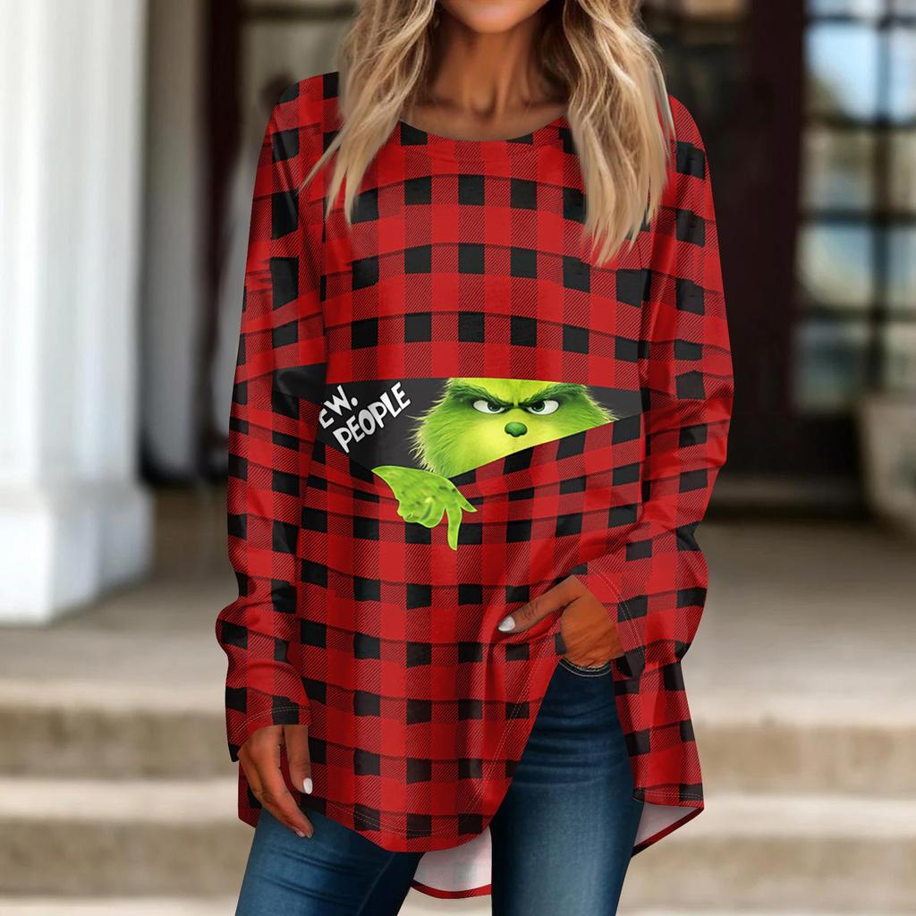 Damen Weihnachtsdruck Langarmshirt Rundhals Pullover T-Shirt Top Pullover