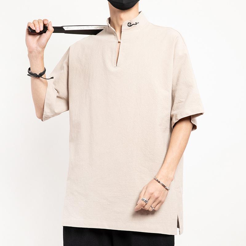 2022 Chinese Style Men's Casual Cotton Linen T-shirt, Retro Plus Size Long Sleeve Tang Suit