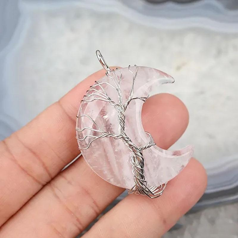 Natural Crystal Pendant Wire Wrap Tree Of Life Big Moon Crescent Mineral Stone Pendulum Amethyst Quartz Necklace For Women Gift