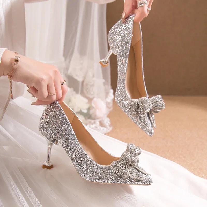 Fashion Women's Rhinestone Wedding Shoes New Year Shoes Luxury Buckle Decorative Banquet Women's Shoes High Heels Gold Silver Red