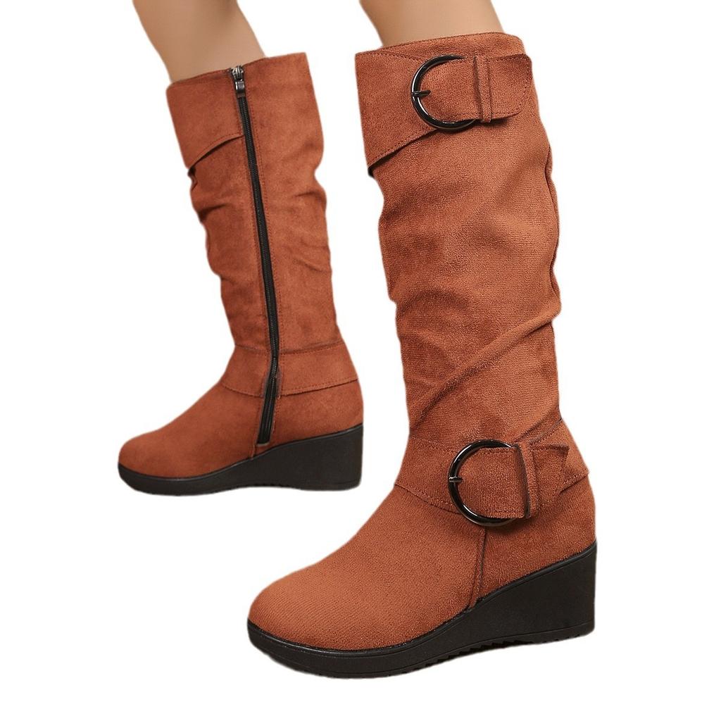 Fashion High Heels Women Long Boots Winter Suede Buckle Wedges Shoes 2025 New Snow Elegant Knee Boots Designer Fashion Zapatillas Mujer