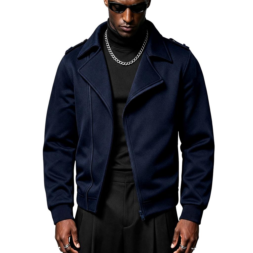 Mens Lapel Collar Motorcycle Jacket, Asymmetric Zipper Long Sleeve Casual Outerwear for Daily Wear