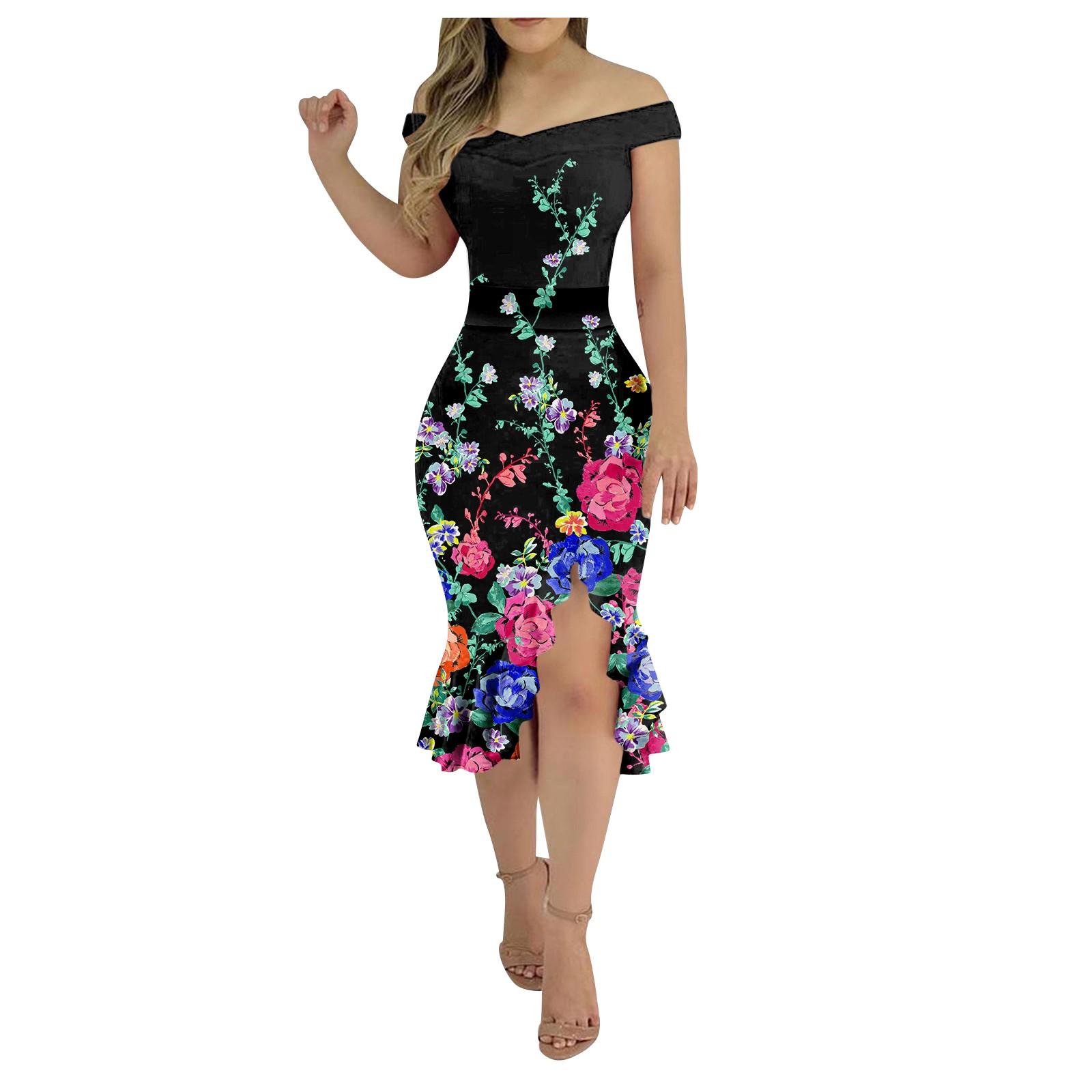 

Женские повседневные платья для вечеринок с цветочным принтом, нерегулярный подол на одно плечо, сексуальное платье русалки с открытой спиной XL
