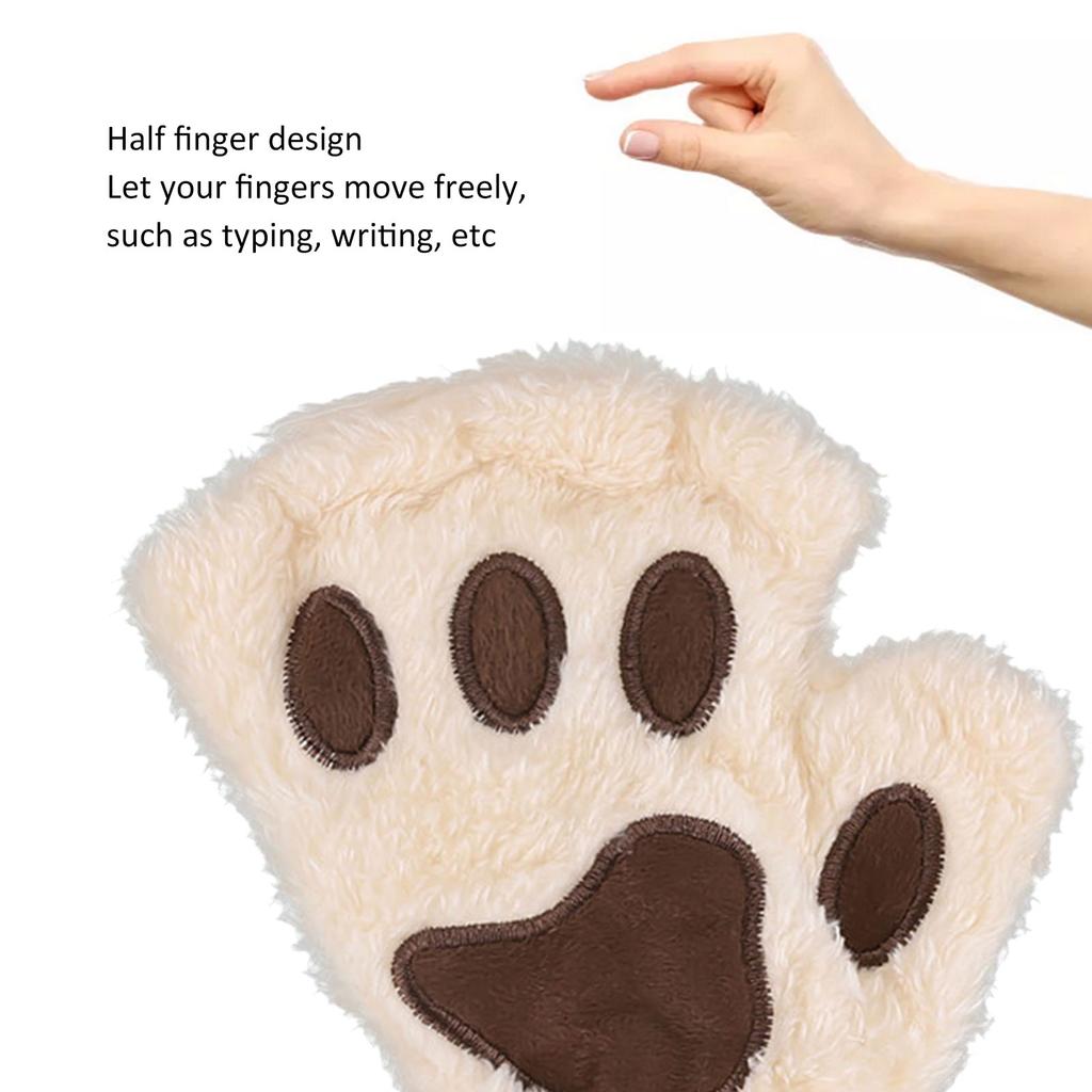 Cat Paw Gloves Thicken Keep Warm Velvet Breathable Half Finger Gloves Cute for Home Travel Beige