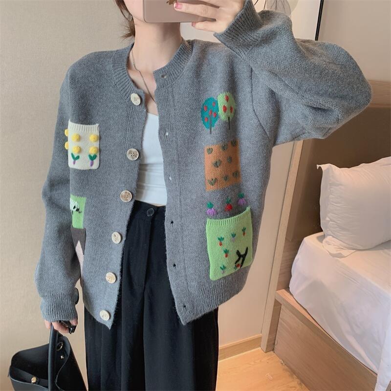 Autumn and Winter New Contrasting Color Retro Knitted Cardigan Vest Women's Loose Lazy Style Cartoon Sweater Jacket Top
