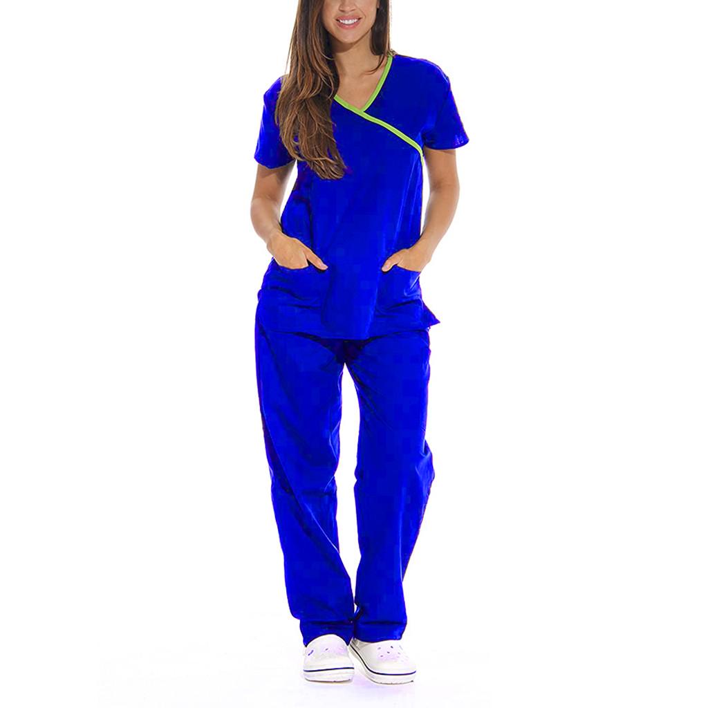 

Женский топ с коротким рукавом и v-образным вырезом + брюки, рабочий комплект, костюм M синий