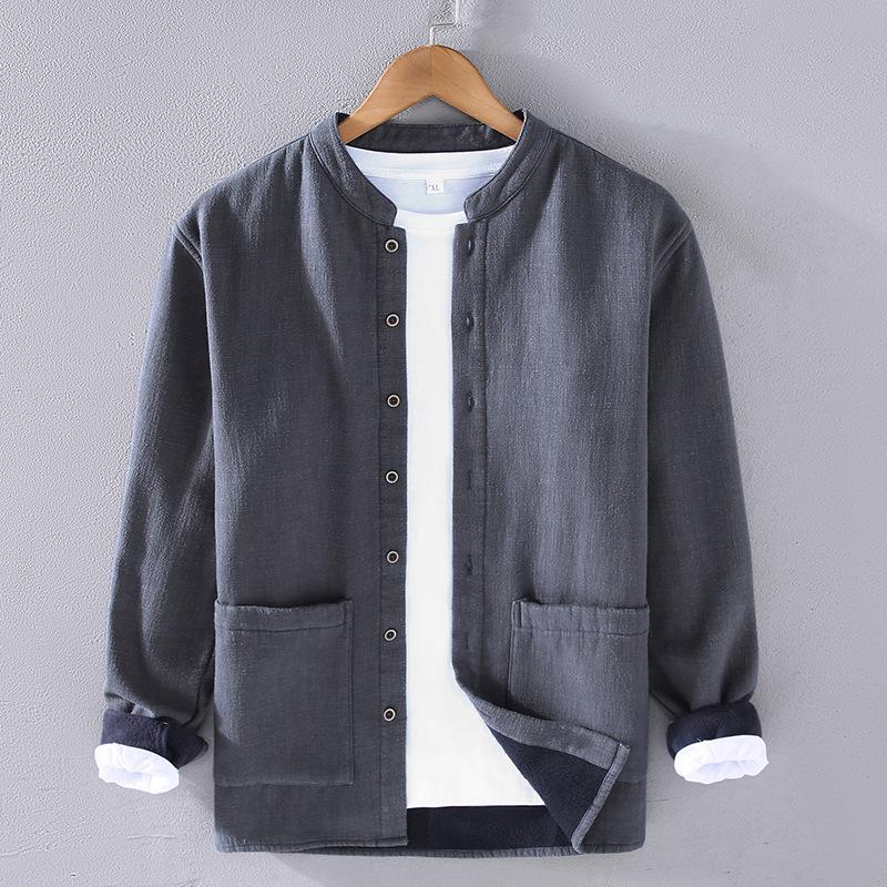 Winter Warm Shirts for Men Chinese Style Traditional Stand Collar Disc Buckle Shirts Male Thicken Casual Tops Cotton Linen Fleece Jacket
