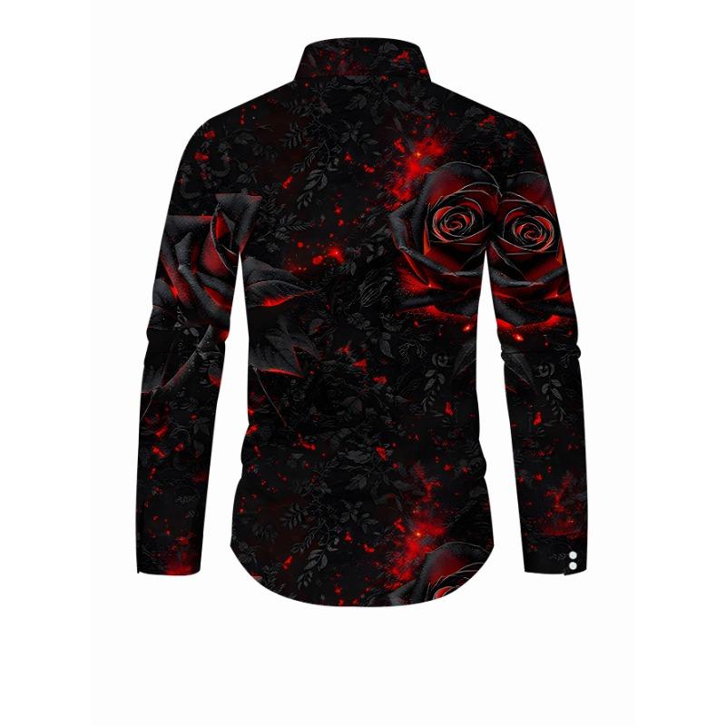 Long-sleeved shirt dark style printed shirt black red rose