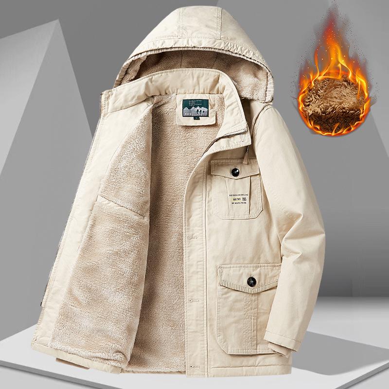 Men's Plus Velvet Thick Cotton Jacket with Lambswool - Warm Winter Workwear Outerwear for Cold Protection