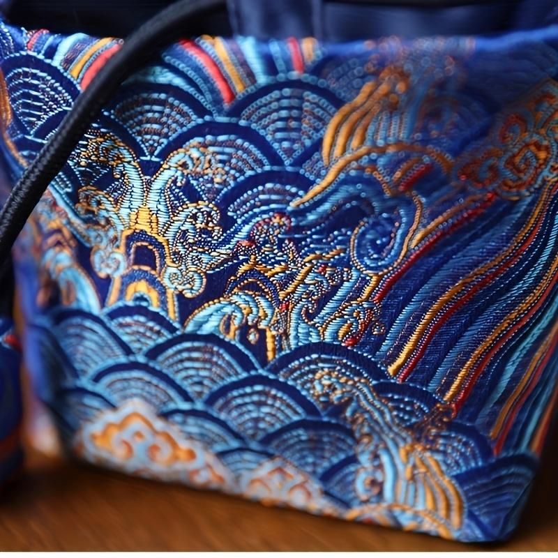 Elegant Chinese Pattern Satin Jacquard Tote Bag - Zen-Inspired, Classic Design with Blue & Golden Floral Print, Perfect for Parties, Business Gifts