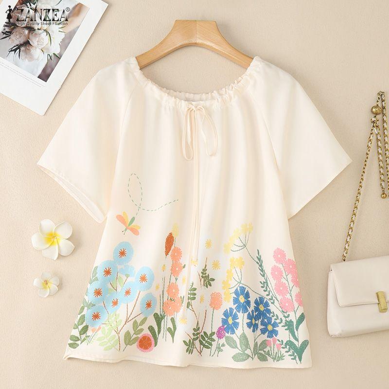 ZANZEA Women Casual Round Neck Floral Print Summer Short Sleeve Blouse