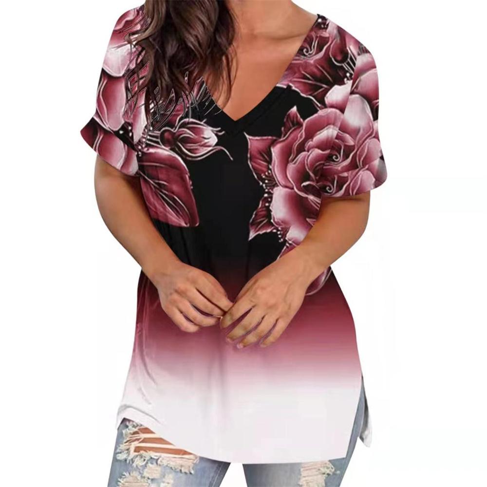 T-shirt Estiva da Donna Strisce Stampa Gradiente Abbigliamento Scollo a V Manica Corta Top Basici Streetwear Moda T-shirt Oversize per Ragazze