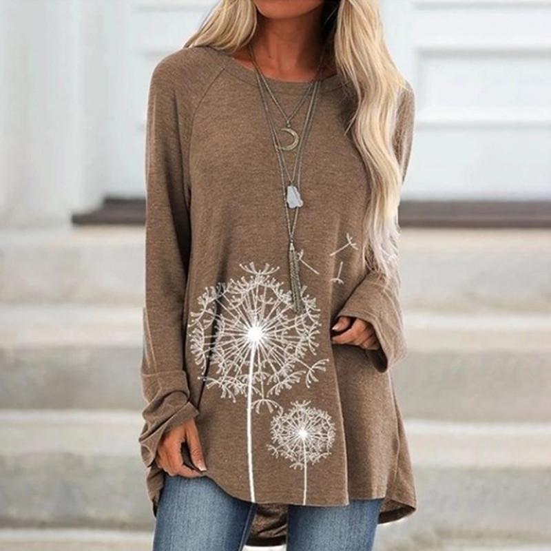 Plus Size Women Spring Dandelion Printed Comfy Long Sleeve Round Collar T-shirt Casual Baggy Mid Length Tee Tops