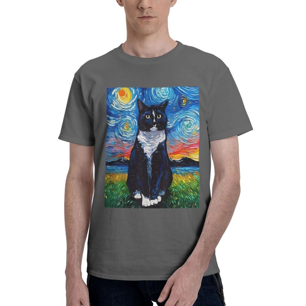 Black And White Cat Starry Night Print 100 Cotton Casual Breathable Confortable Men Top Mens Clothing Brands Men TShirt