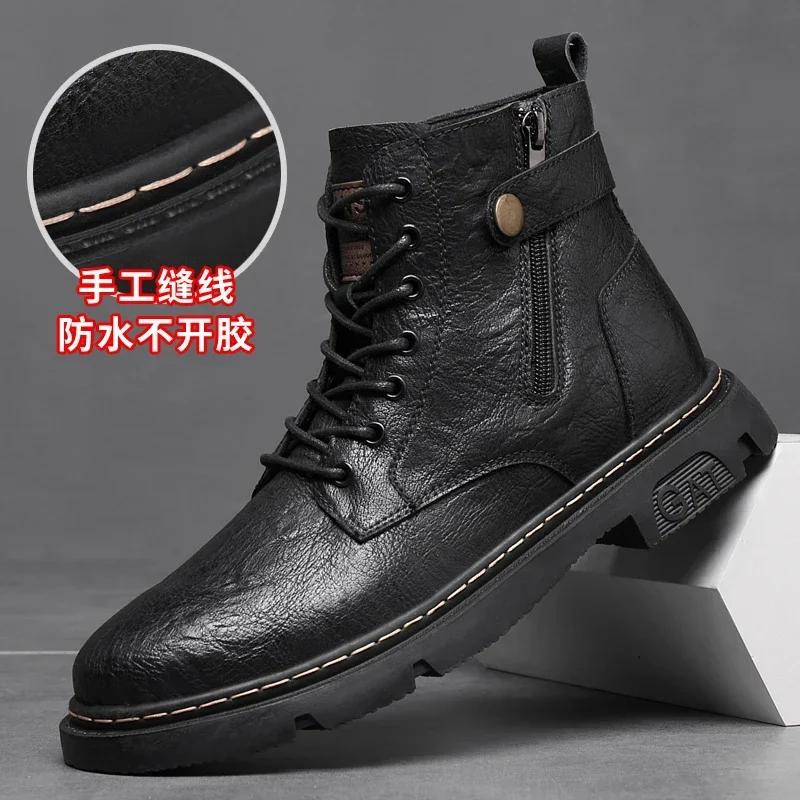 2024 New Men's Genuine Leather Boots High-top Mens Work Shoes Plus Velvet Warm Non-slip Fashion Trend Motorcycle Boots for Men